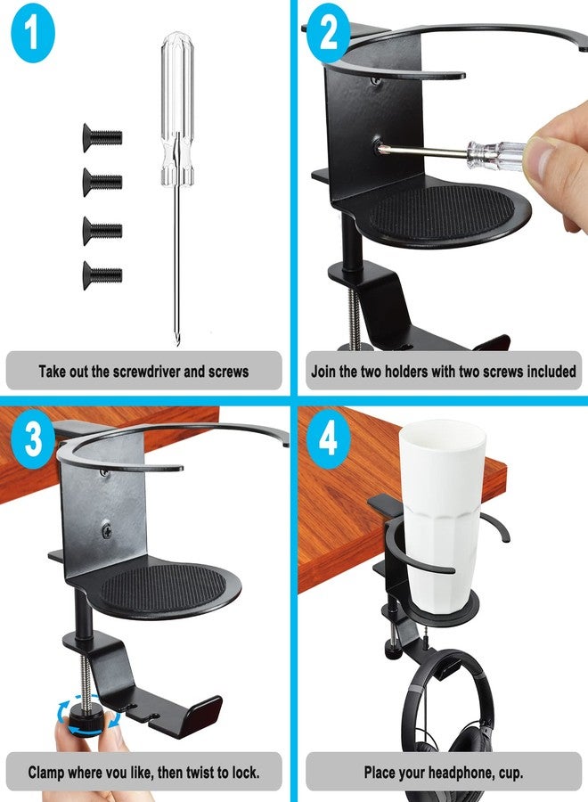 LBTING 2-in-1 Adjustable & 360 Rotating Office Gaming Accessories for Under Desk Headphone Stand, Hanging Headset, Holding Coffee Mug, Drinks, Water Bottle - Black - Image 4